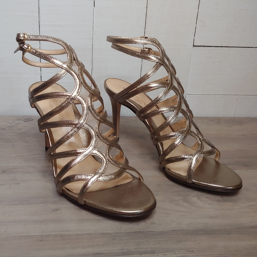 Marion Parke "Lulu" Antique Gold Leather Stappy Stiletto Sandal Size 6.5